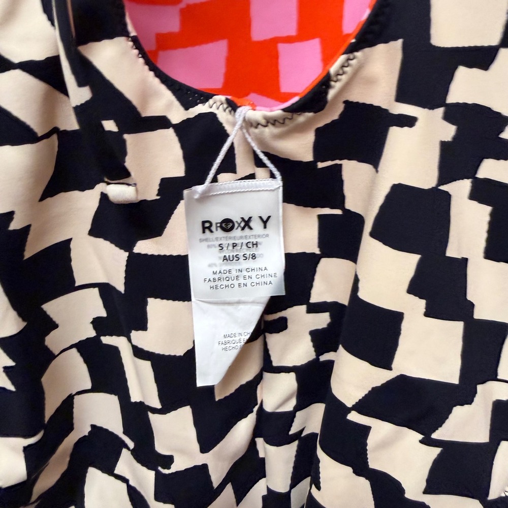 NWT‎ Roxy Women Reversible One Piece Swimsuit Orange Pink Black Checkerboard Sm - Picture 10 of 10